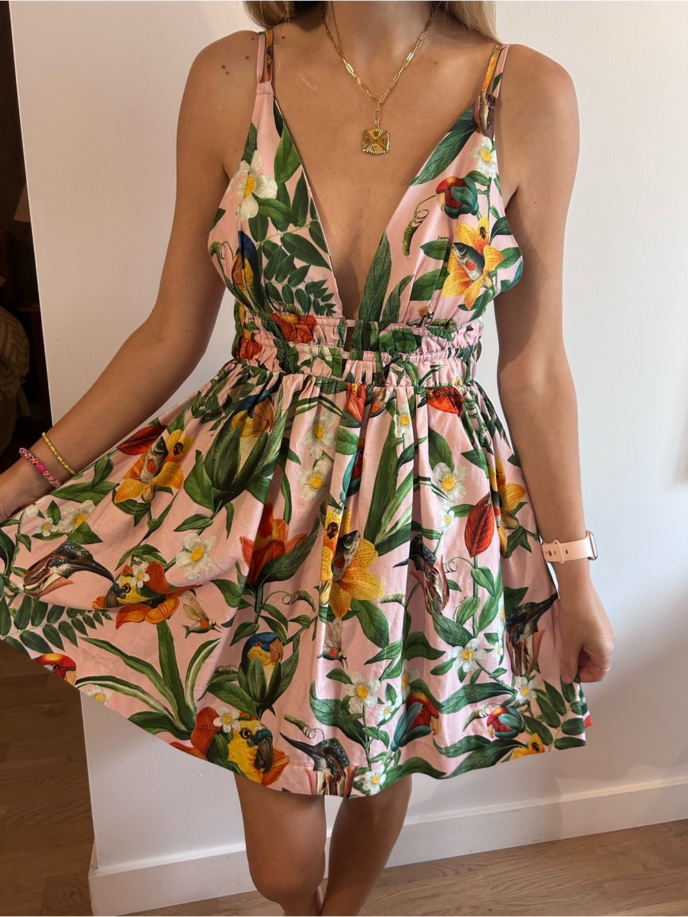 Farm Rio Pink Tropical Floral deep V Mini Dress, small 🦜